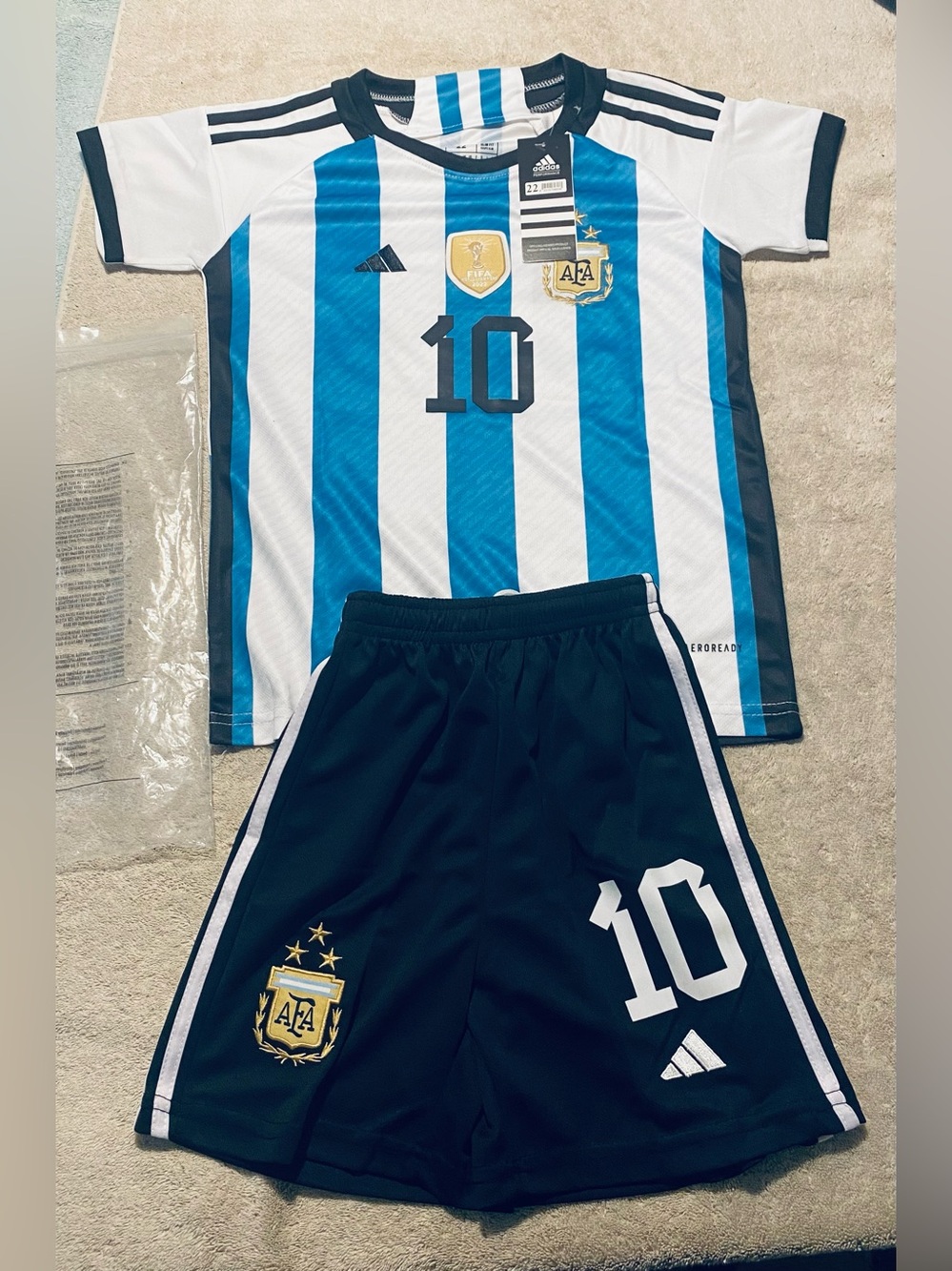 Brand New Messi Argentina Soccer Uniform Premier League Adidas size 22 YM